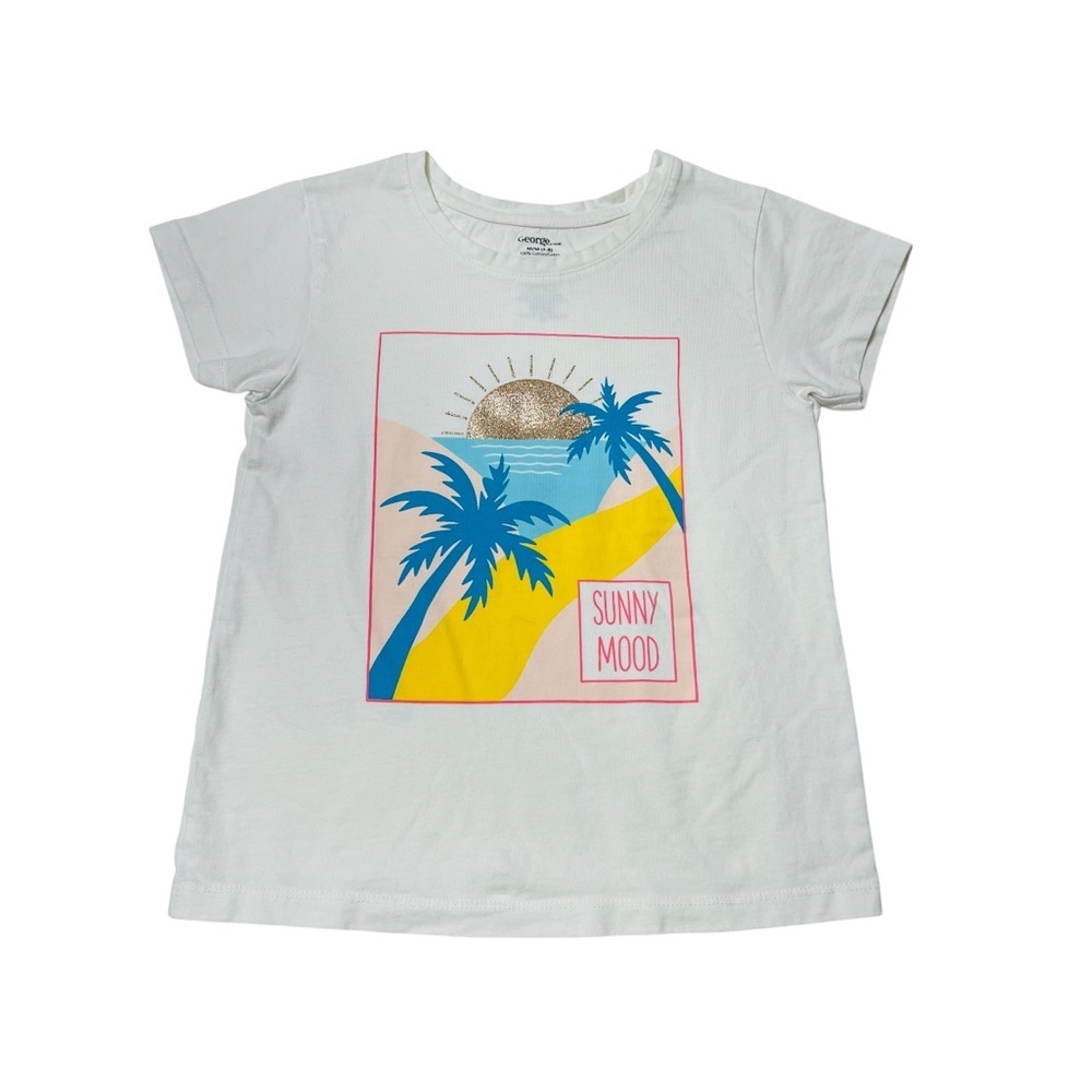 George White and Blue Short Sleeve Tee with Tropical Graphic
